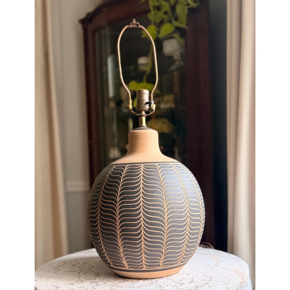 Vintage Larry & Terry Brown Ceramic Table Lamp 1970s MCM Studio Pottery Orb